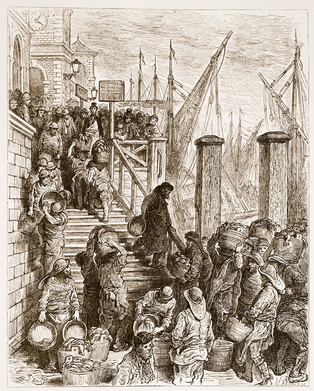 Billingsgate, Landing the Fish, "London, pyhiinvaellus", kirjoittanut William Blanchard Jerrold (1826-94) ja kaivertanut Hildibrand, pubi. 1872 tekijältä Gustave Dore