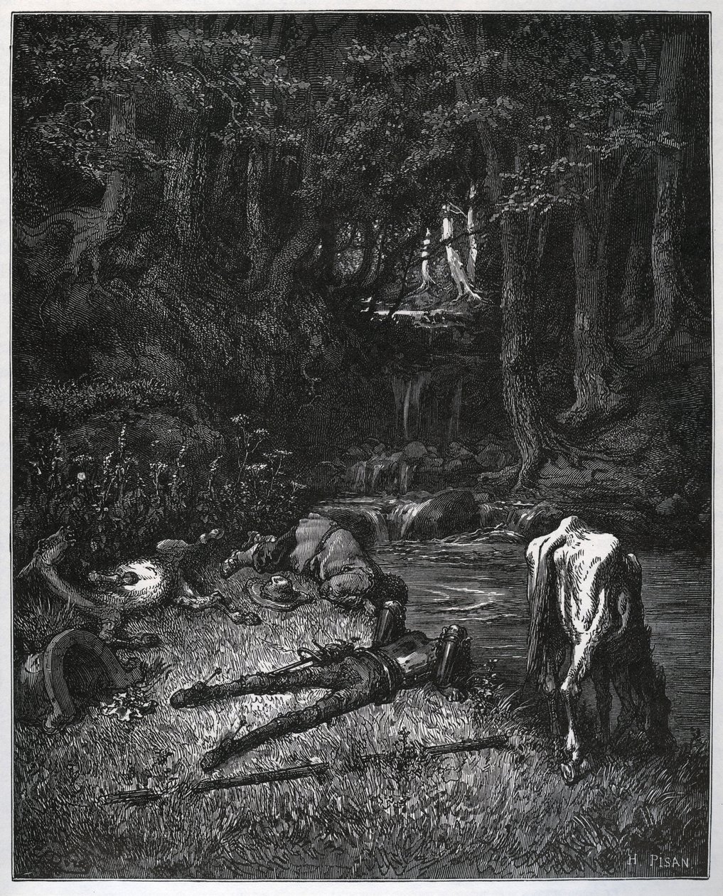 Bivouac metsässä - Paikan kauneudesta innostuneina he päättivät viettää siellä päiväunet - Miguel Cervantesin (1547-1616) "Don Quijote de la Mancha" (Don Quijote) - Puupiirros piirtämisen jälkeen Gustave Dore tekijältä Gustave Dore
