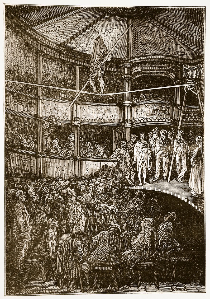Blondin at Shoreditch, "Lontoo, pyhiinvaellus", kirjoittanut William Blanchard Jerrold (1826-94) ja kaivertanut Gauchard, pubi. 1872 tekijältä Gustave Dore
