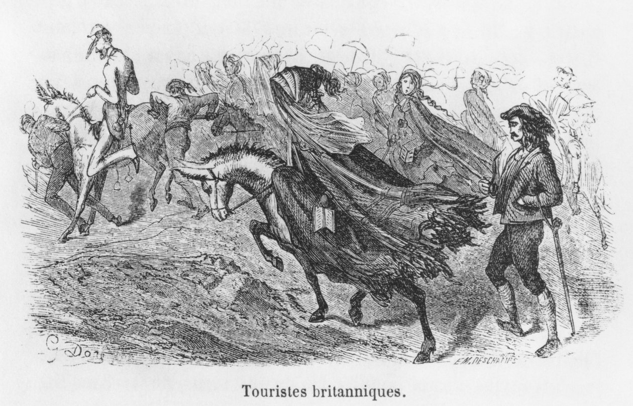 Brittiläisiä turisteja, kuvitus Hippolyte Tainen (1828-93) teoksesta "Voyage aux Pyrenees", kaivertaja Emile Deschamps (1800-luku). tekijältä Gustave Dore
