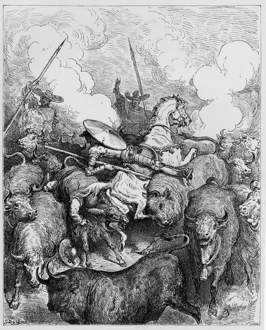 Härkätaistelu, Miguel Cervantesin "Don Quijote de la Mancha", kaiverrus Heliodore Joseph Pisan, n. 1875 tekijältä Gustave Dore