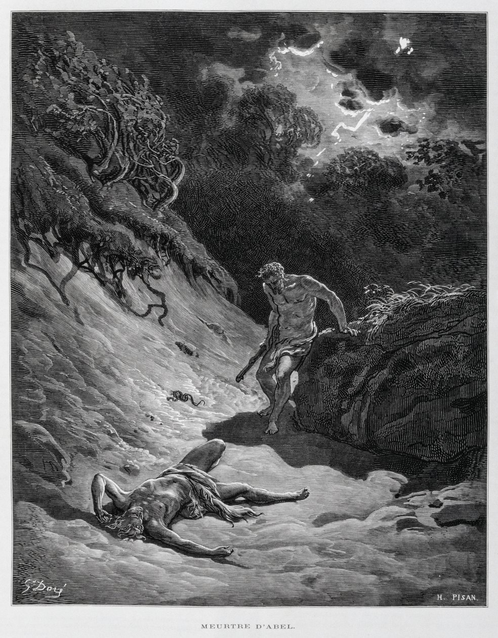 Kain tappaa veljensä Aabelin, kuvitus Doren Raamatusta. tekijältä Gustave Dore
