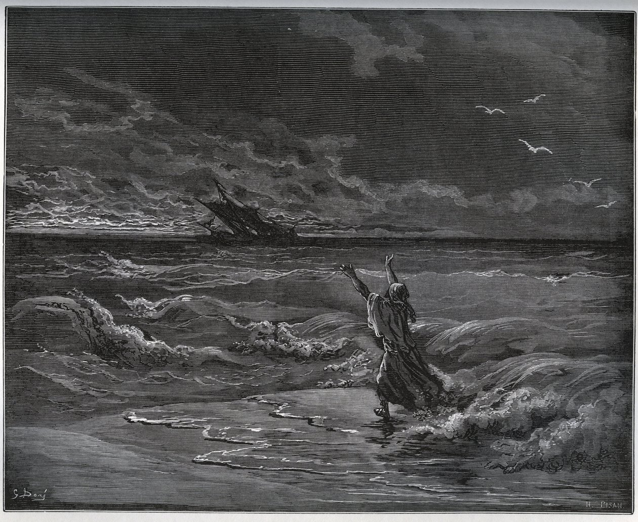 Vangitseva tarina. Aagi-Morato, Zoraiden isä, on barque rannalla Miguel Cervantesin (1547-1616) "Don Quijote de la Manchasta" (Don Quijote) - Gustave Doren piirtämän puupiirros. tekijältä Gustave Dore