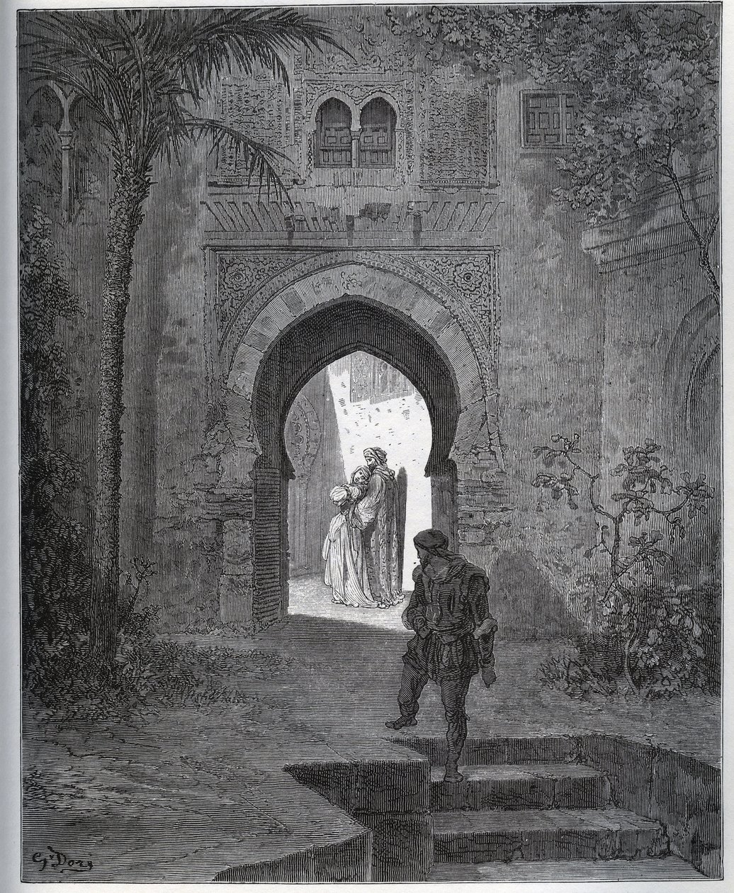 Vangitseva tarina. Vangin ensimmäinen kohtaaminen Zoraiden kanssa isän puutarhassa, joka tuo hänet takaisin pahoinvointinsa jälkeen Miguel Cervantesin "Don Quijote de la Manchasta" tekijältä Gustave Dore