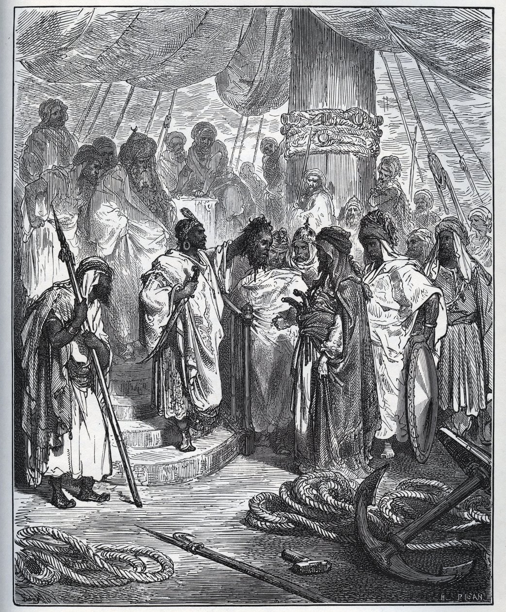 Vangitseva tarina. Arabien leikkaama Pagano Dorian pää - Arabit leikkasivat hänen päänsä ja kantoivat sen Turkin laivaston kenraalille - Miguel Cervantesin (1547-1616) "Don Quijote de la Mancha" (Don Quijote) - Puupiirros piirtämisen jälkeen Gustave Dore tekijältä Gustave Dore