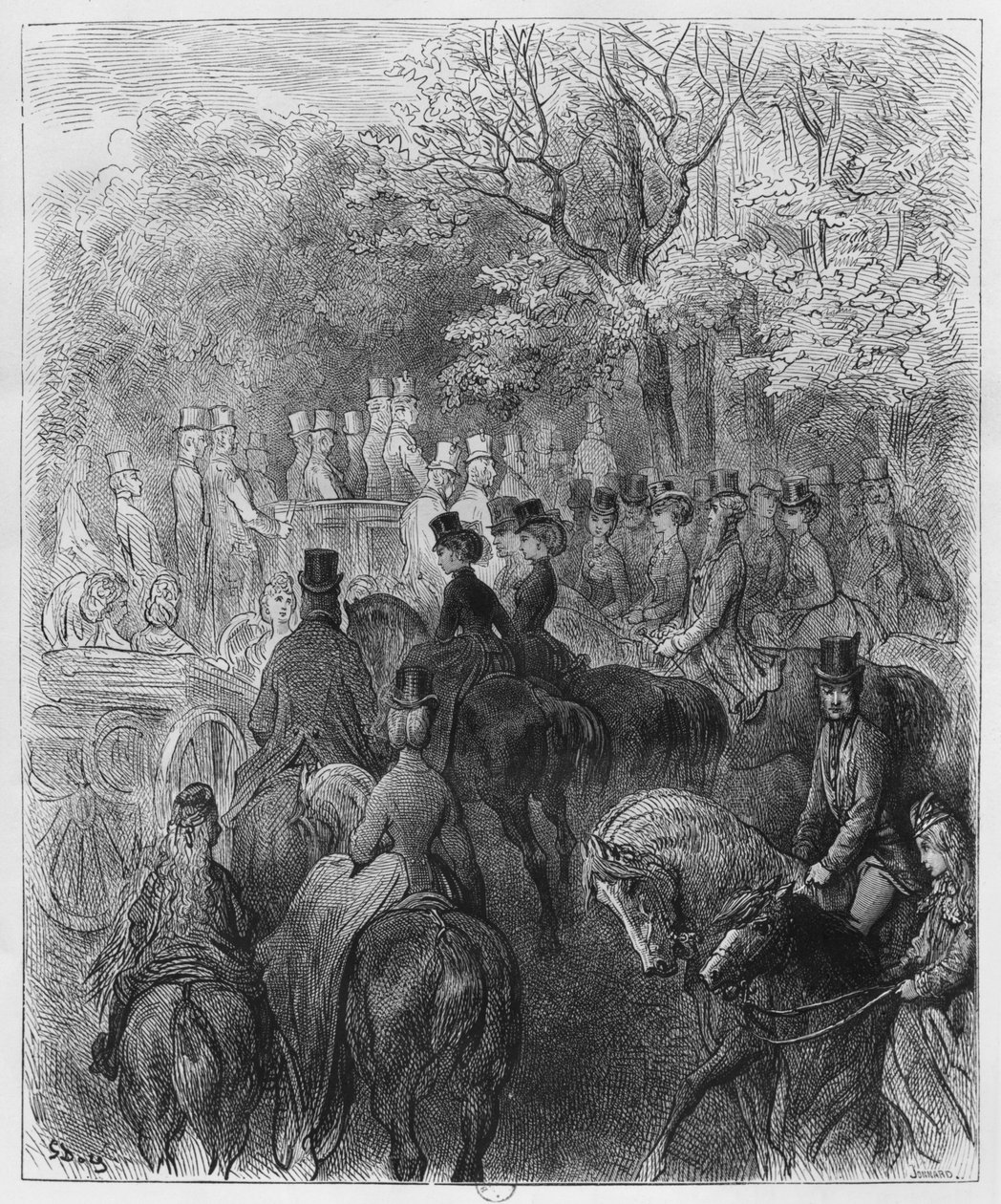 Kärryt ja ratsastajat Hyde Parkissa, kuvitus "Lontoosta" Louis Enault (1824-1900) 1876, kaiverrus Paul Jonnard-Pacel (k.1902) Paris, Hachette tekijältä Gustave Dore
