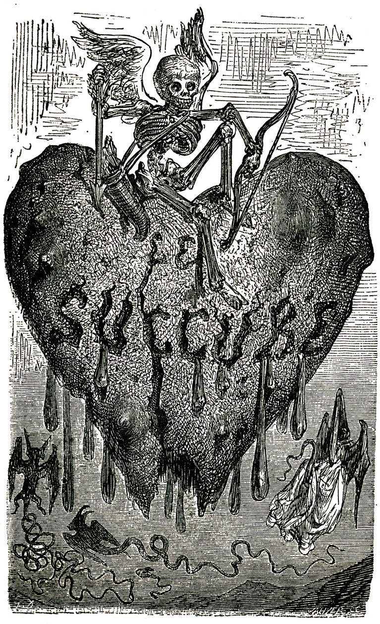 Gustave Doren (1799-1850) Honore de Balzacin (1855) Drolatic Tales -teokseen (1855) tekemä luvun pääkuvitus: succubus (vampyyri) - luuranko, kuolema, sydän, veri- tekijältä Gustave Dore