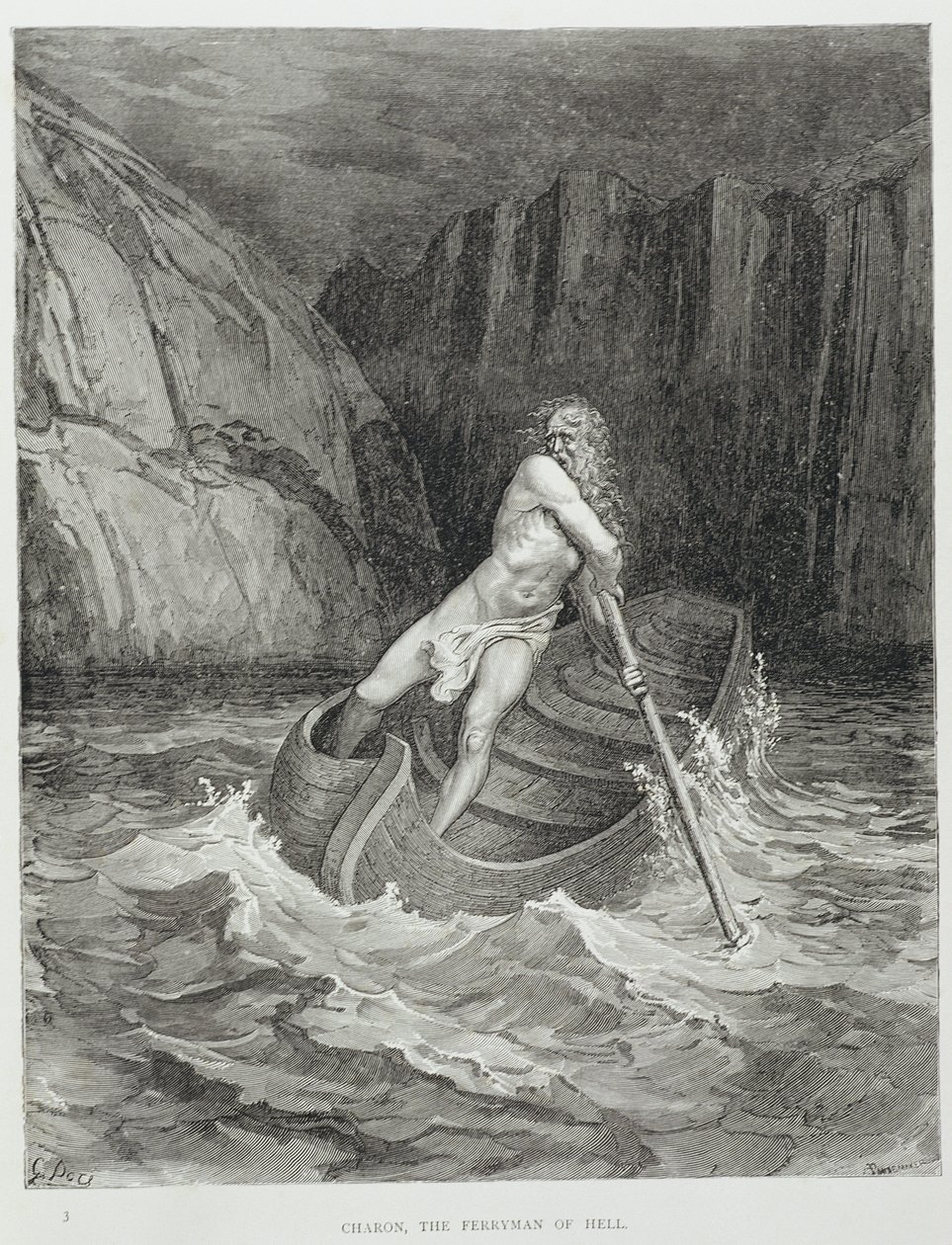 Charon, Helvetin lauttamies, Dante Alighierin (1265-1321) jumalallisesta komediasta (Inferno), kaiverrus Stephane Pannemaker (1847-1930) n. 1868 tekijältä Gustave Dore