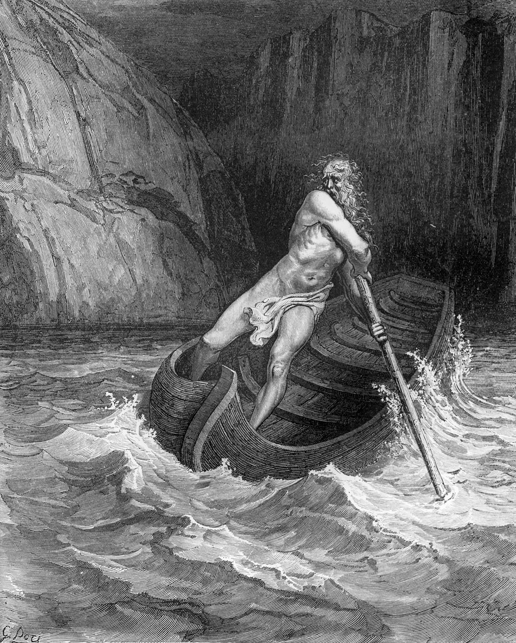 Charon, Helvetin lauttamies, Dante Alighierin (1265-1321) jumalallisesta komediasta (Inferno), kaiverrettu Stephane Pannemaker (1847-1930) n. 1868 tekijältä Gustave Dore