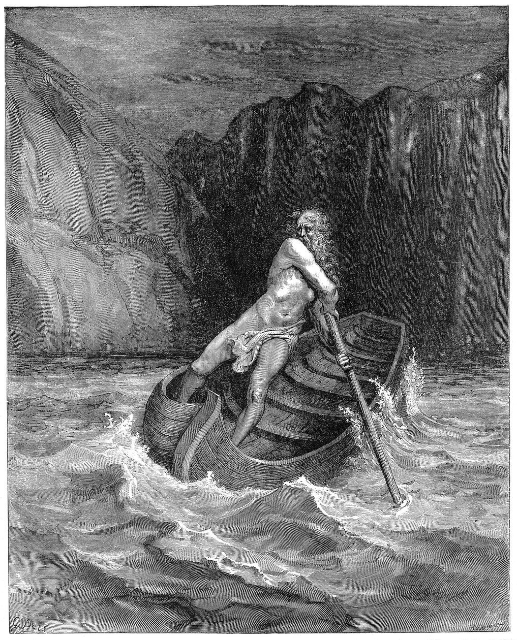 Charon-lauttamies soutaa keräämään Danten ja Virgilian ja kuljettamaan heidät Styxin yli, 1861 tekijältä Gustave Dore
