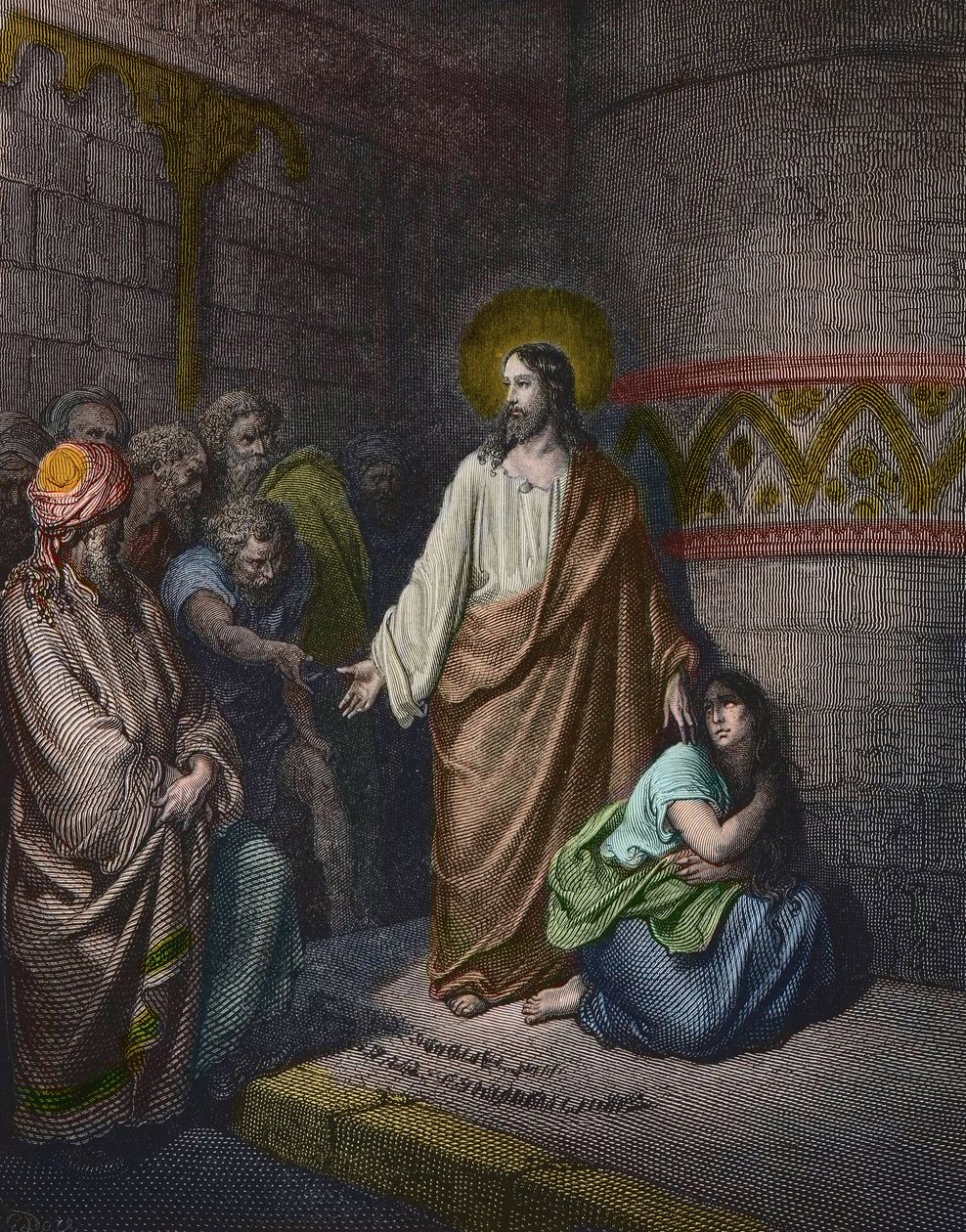 "" Kristus ja aviorikosnainen"" Gustave Doren (1832-1883) kuvitus - Jeesus ja aviorikoksesta otettu nainen - kaiverrus Gustave Dore - myöhemmin väritys tekijältä Gustave Dore