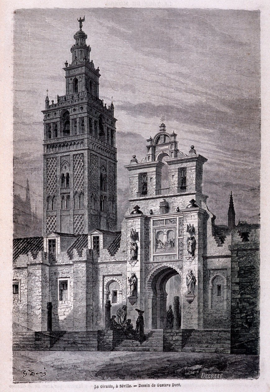 Giralda a sevillan kirkko, kirjoittanut Dore, "" Tour du Monde"" 2. sem. 1866. tekijältä Gustave Dore