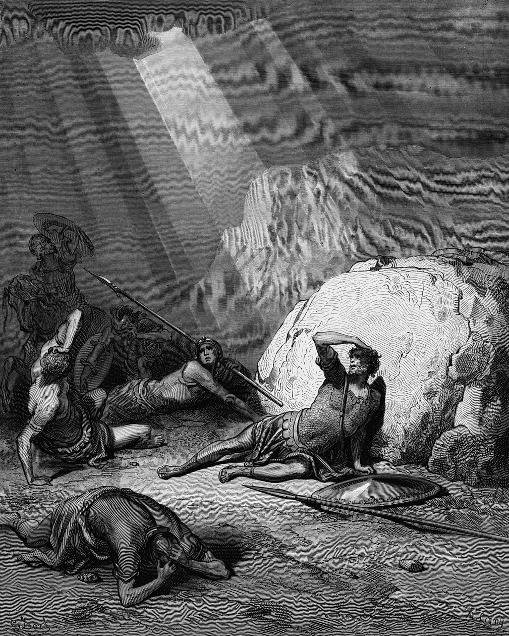 Pyhän Paavalin kääntymys Damaskoksen tiellä. Apostolien teot 9. Gustave Doren Raamatusta 1865-1866. Puunkaiverrus. Jumalan voima on kuvattu valon varrena. tekijältä Gustave Dore