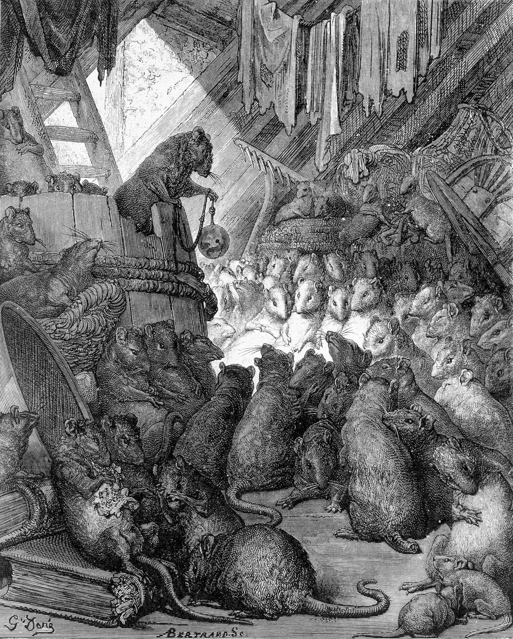 Rottien pitämä neuvosto - La Fontainen "" Fables" -kirjassa, ill. Kirjailija: Gustave Doré tekijältä Gustave Dore