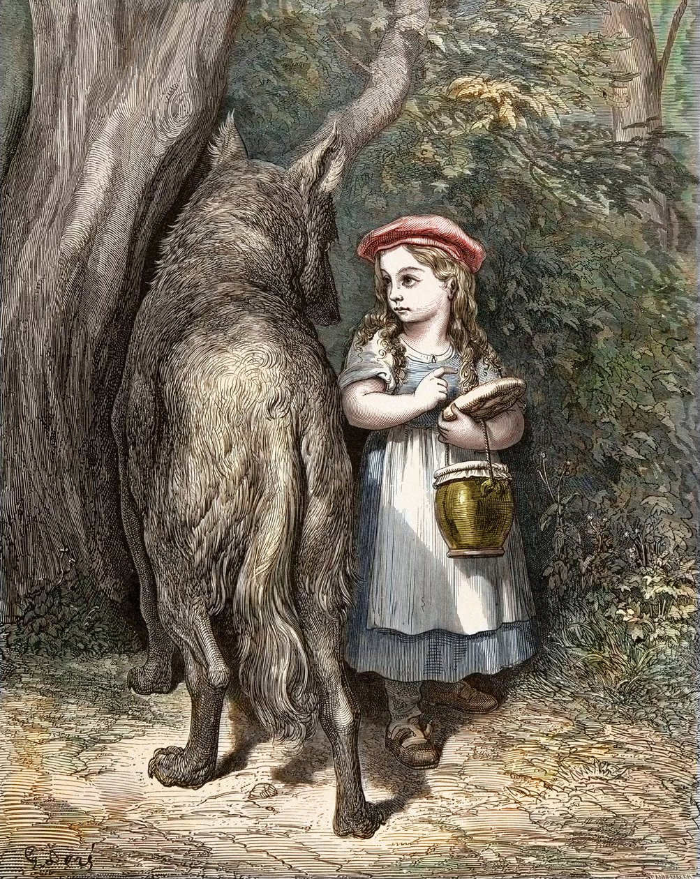 Metsän ylitse punahilkka kohtaa suden. Gustave Doren (1832-1883) kaiverrus Charles Perraultin (1628-1703) "Tartuista" tekijältä Gustave Dore