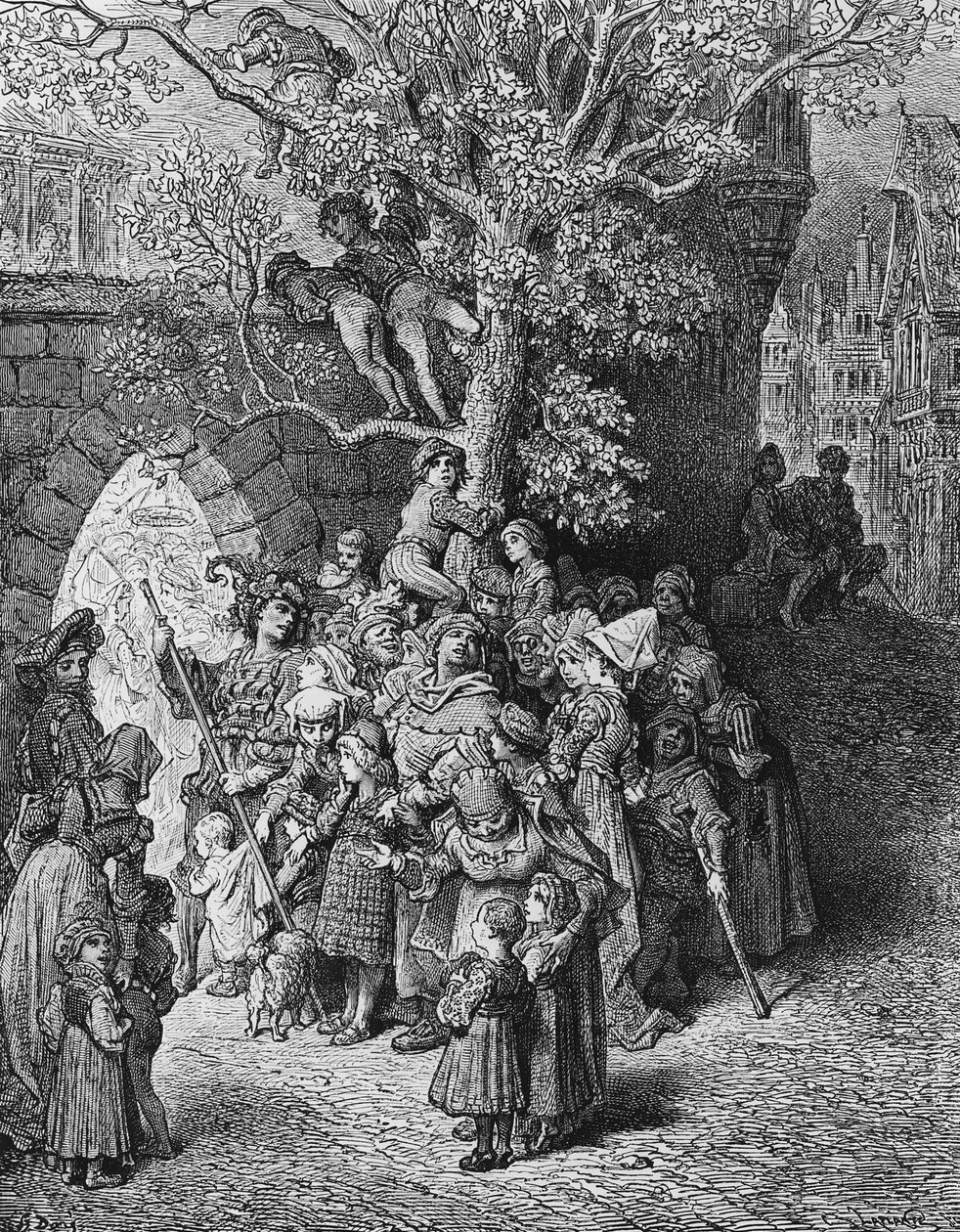 Joukko katsojia ja katsojia häissä, kohtaus S.T.:n elokuvasta The Rime of the Ancient Mariner Coleridge, julkaisija Harper und Brothers, New York, 1876 (puukaiverrus) tekijältä Gustave Dore