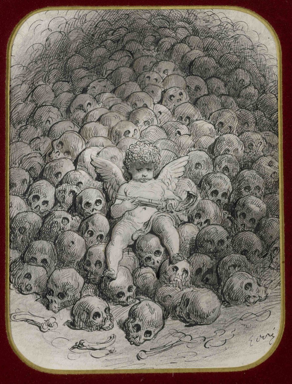 ""Amor aseistettu pistoolilla, joka istuu kallovuorella"" (Cupid with a Pistol on Top of a Skull) Muste ja piirros Gustave Doren (1832-1883) Yksityinen kokoelma tekijältä Gustave Dore