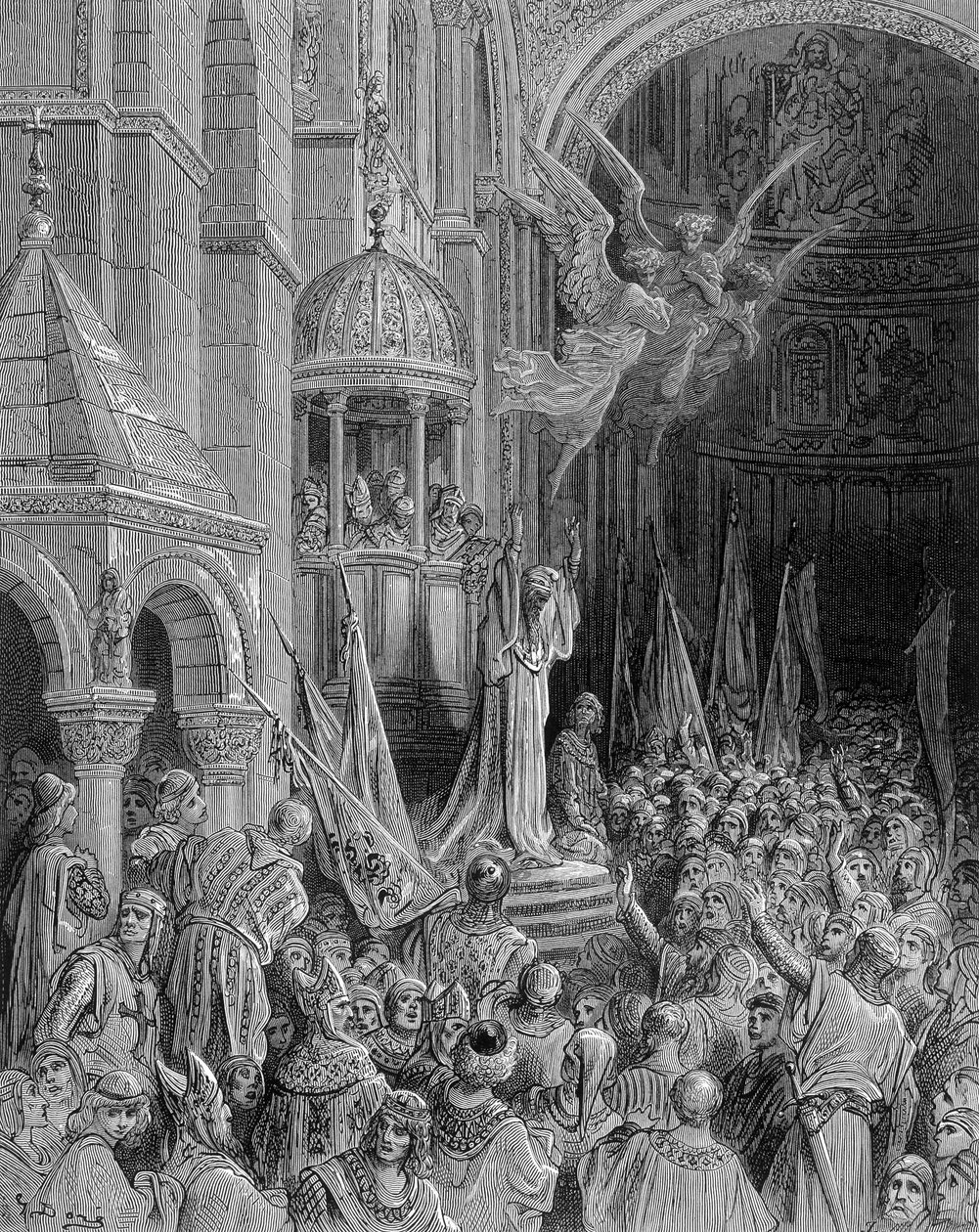 Dandolo saarnaa ristiretkeä Pyhän Markuksen kirkossa Venetsiassa - kaiverrus Gustave Doré tekijältä Gustave Dore