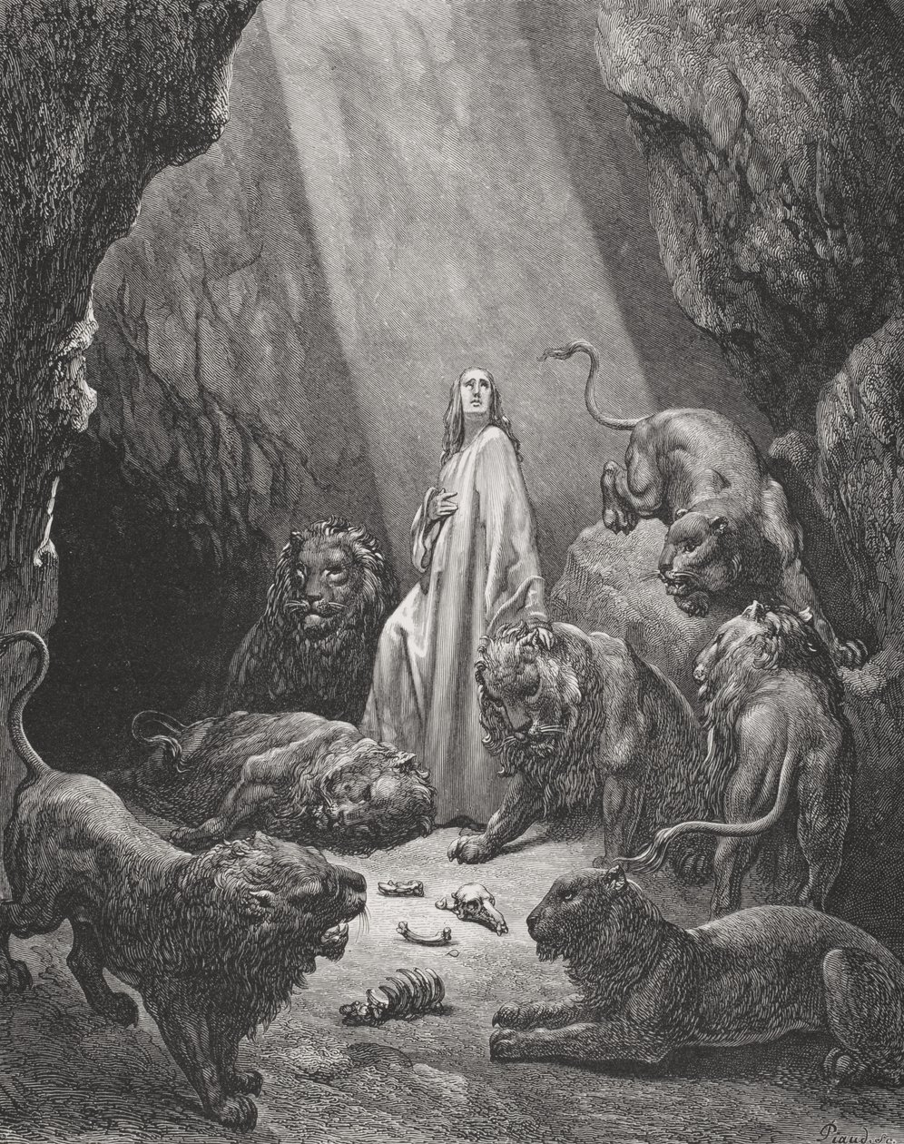 Daniel leijonien luolassa, Daniel 6:16-17, kuva Doren 