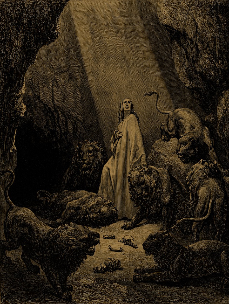 Daniel leijonien luolassa, kirjoittanut Doré. - Raamattu tekijältä Gustave Dore