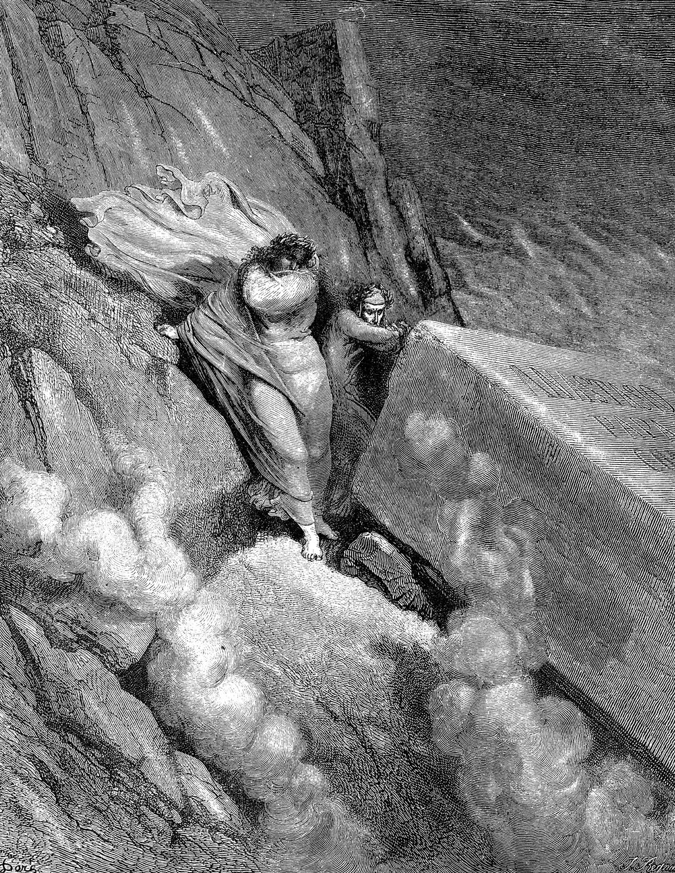 Dante ja Virgil kuilun reunalla, josta haihtui haiseva haju, 1863 tekijältä Gustave Dore