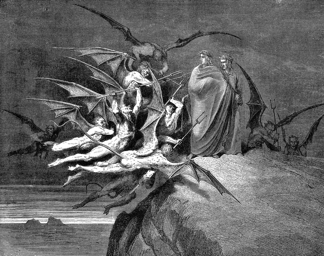 Dante ja Virgil joutuivat demonien valtaamana kulkiessaan kahdeksannen ympyrän läpi vuonna 1861 tekijältä Gustave Dore