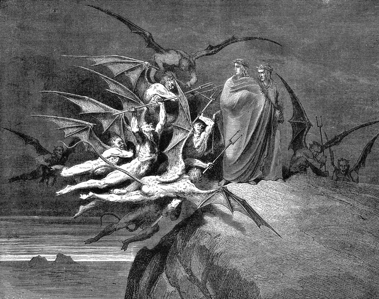 Dante ja Vergilius joutuvat demonien ahdistelemiksi kulkiessaan kahdeksannen ympyrän läpi. Gustave Doren kuvitus (1861) Dante Inferno, Canto XXI. Puukaiverrus tekijältä Gustave Dore
