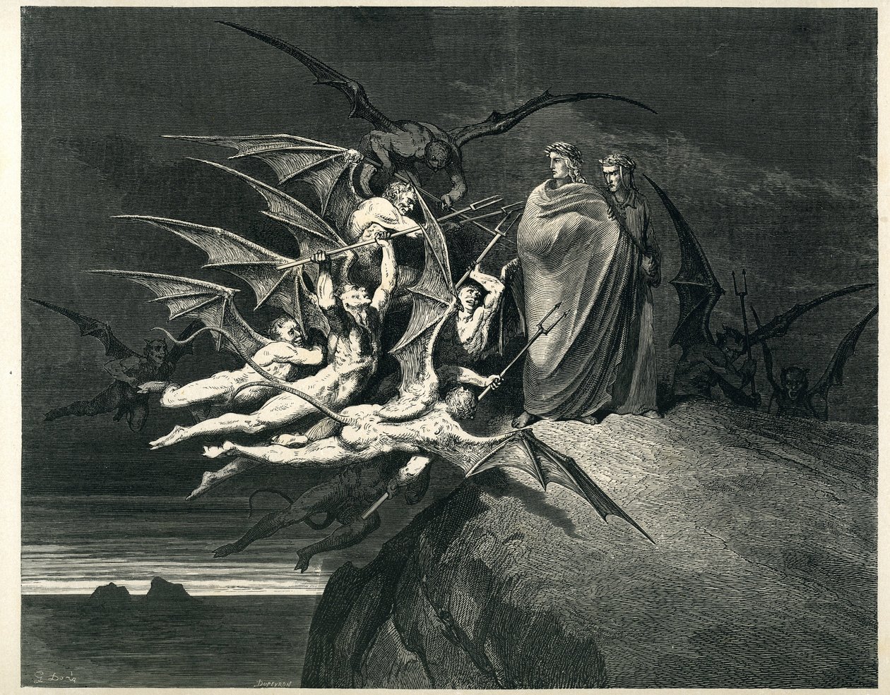 Dante ja Vergilius kohtaavat demonit. Kaiverrus Dante Alighierin teoksesta The Hell (Divine Comedie), jonka on kuvittanut Gustave Dore. Ranskalainen painos vuodelta 1861. "... Nessun di voi sia fello! (Älköön kukaan teistä olko kapinallinen!)" , chant 21,  tekijältä Gustave Dore