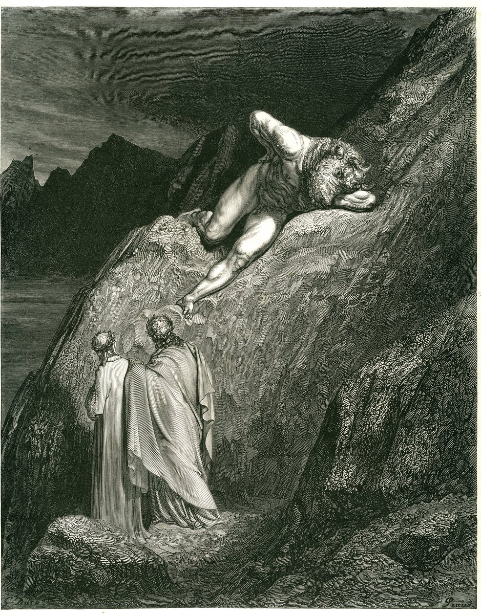Dante ja Vergilius kohtaavat Minotauroksen. Kaiverrus Dante Alighierin teoksesta The Hell (Divine Comedie), jonka on kuvittanut Gustave Dore. Ranskalainen painos vuodelta 1861. "E in su la punta della rotta lacca/L