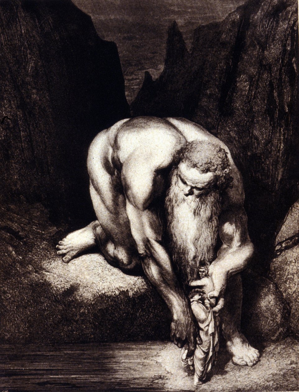 Dante ja Vergilius tapaavat jättiläisen Antaeuksen. Ill. Gustave Dorén Dante Alighierin jumalalliseen komediaan. tekijältä Gustave Dore