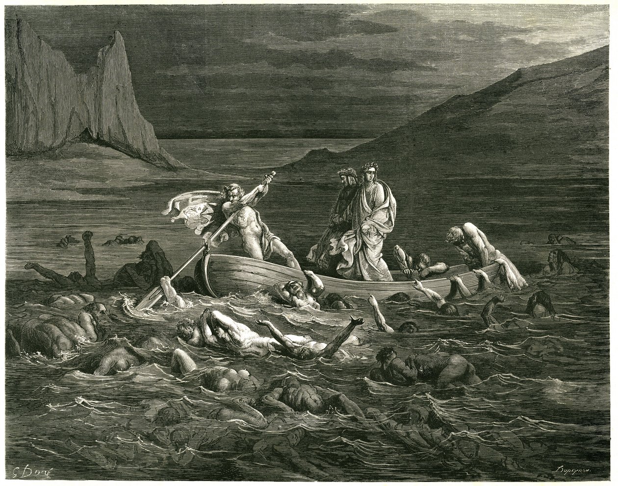 Dante ja Vergilius purjehtivat Nocher Phlegyaksen johdolla Styx-joella, jossa kahlaavat damnit, jotka yrittävät kiivetä veneeseen. Kaiverrus Dante Alighierin teoksesta The Hell (Divine Comedie), jonka on kuvittanut Gustave Dore. Ranskalainen painos vuodelt tekijältä Gustave Dore