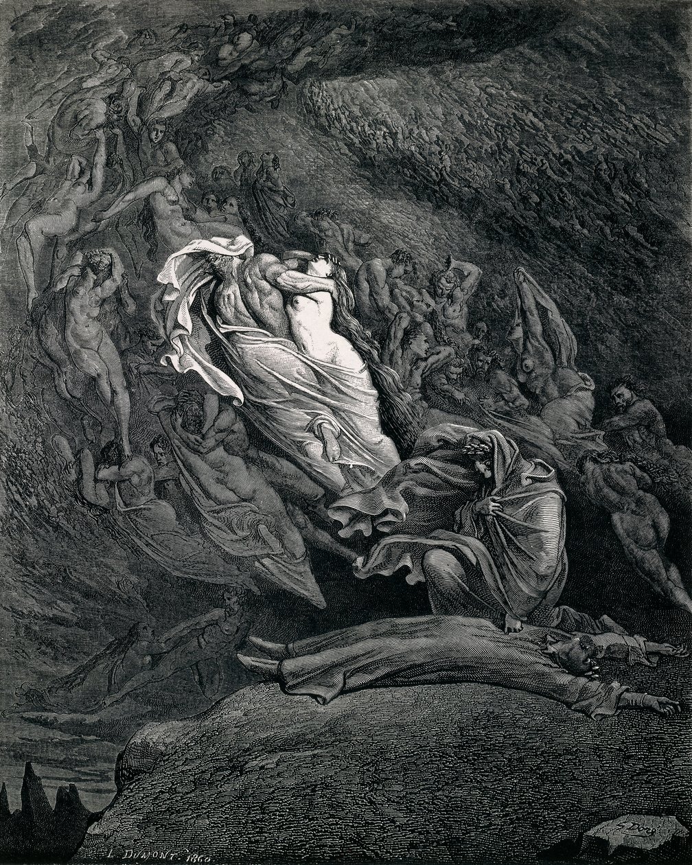Dante ja Vergilius Paolon ja Francescan kanssa, kuvitus Infernolle, jumalallisen komedian laulu V, kirjoittanut Dante Alighieri (1265-1321), kirjoittanut Gustave Dore (1832-1883) tekijältä Gustave Dore
