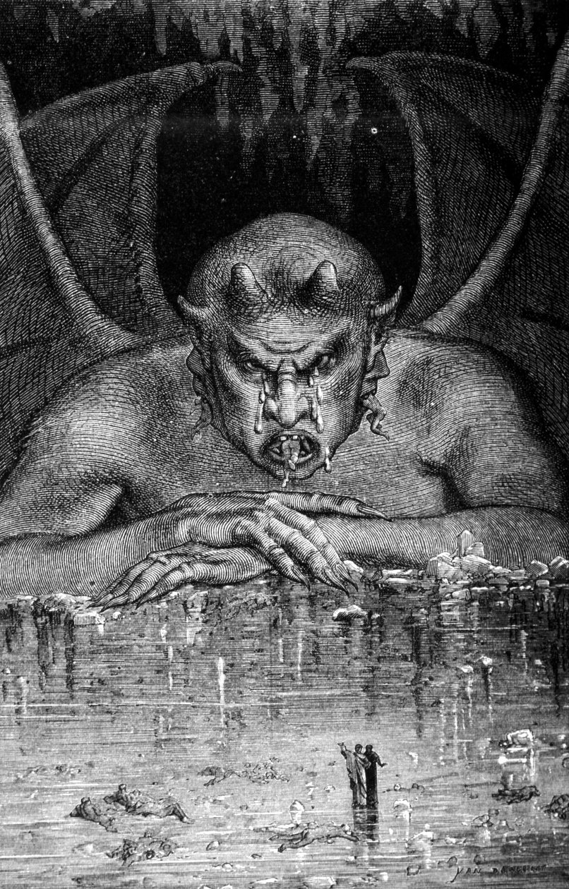 Dante et Virgil traverse les enfell Dante Alighierin (1265 - 1321) jumalallisessa näytelmässä: Saatana nielee tanssit. Kaiverrus Gustave Doré. 1800-luvulla. tekijältä Gustave Dore
