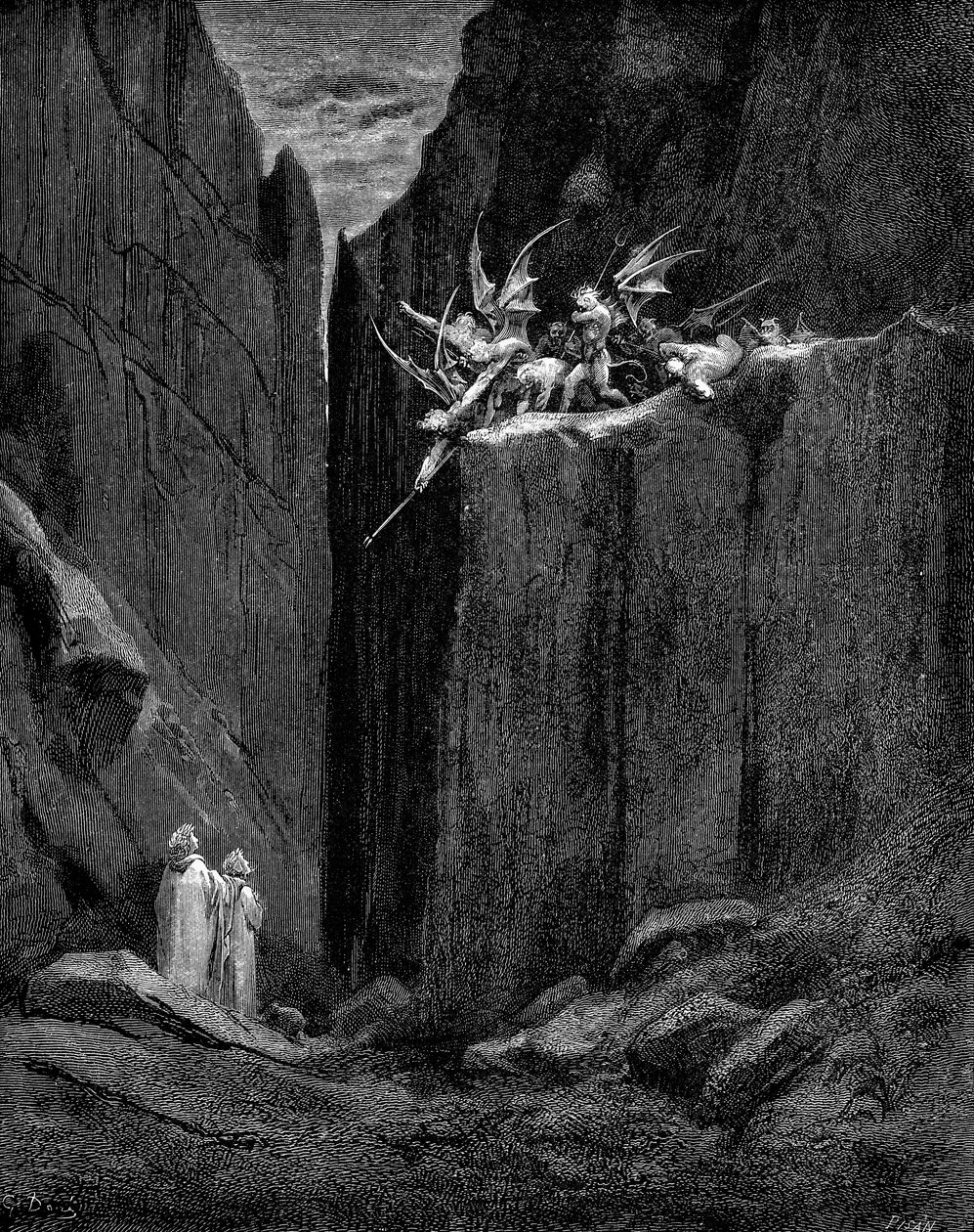 Virgil suojeli Dantea demonien aiheuttamilta vahingoilta, 1863 tekijältä Gustave Dore