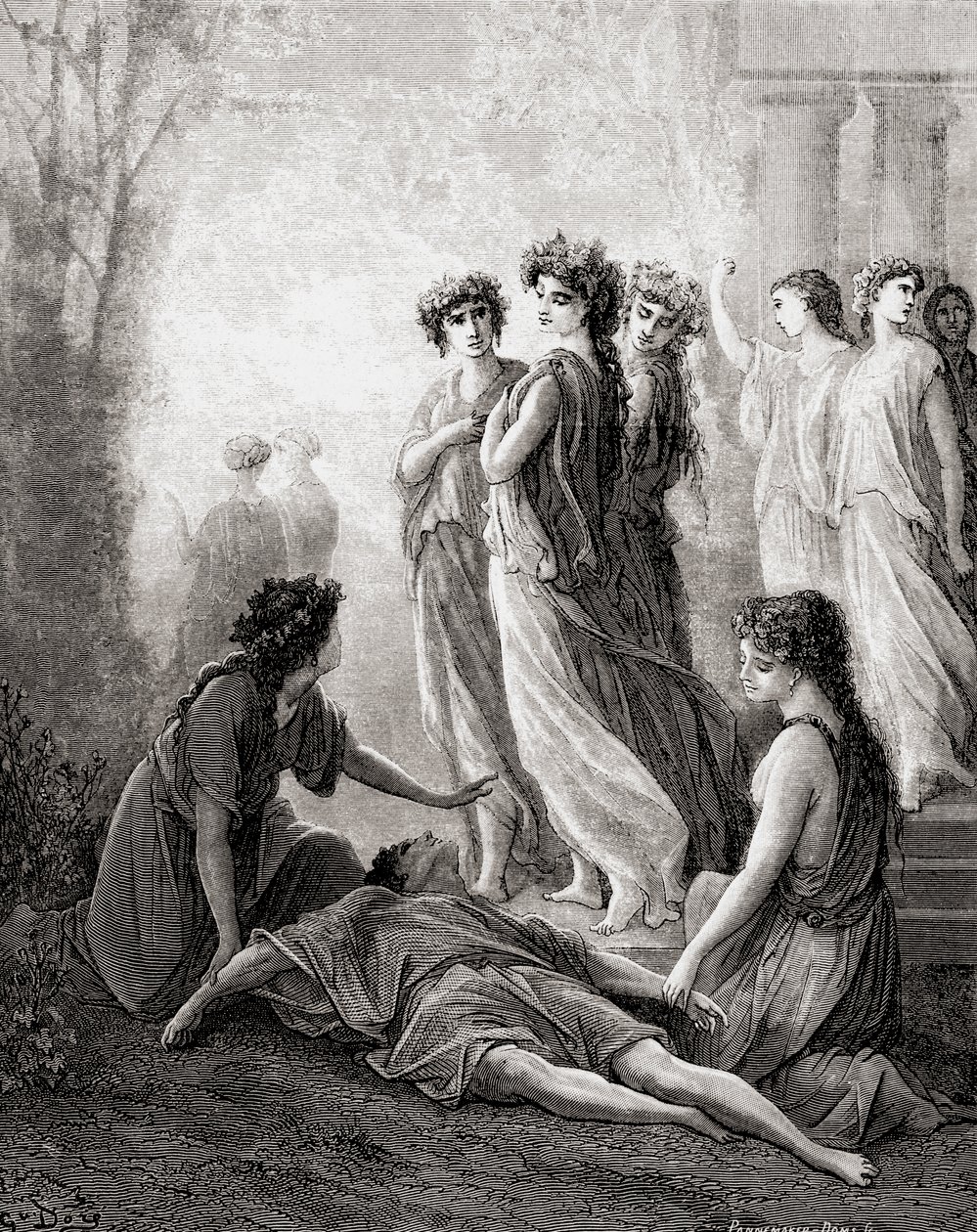 Daphnis et Alcimadure, 1800-luvun lopun Fables de La Fontainen painoksesta (puukaiverrus) tekijältä Gustave Dore