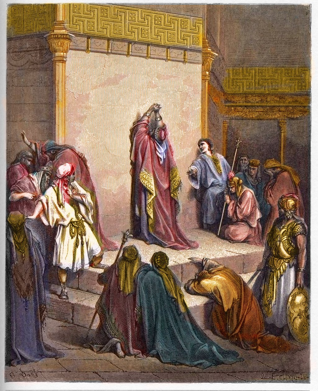 Daavid, Israelin yhdistyneen kuningaskunnan kuningas, suree Absalomin kuolemaa. Kuningas Daavid lohduton Absalonin (Avshalomin) kuolemasta - kaiverrus Gustave Doren (1832-1883) "" The Bible illustree -kirjaan" - Kaiverrus "" Dore Biblesta"" tekijältä Gustave Dore