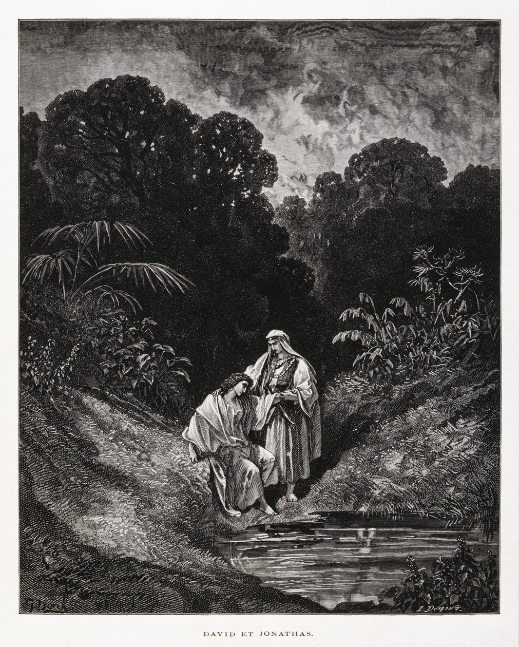 Daavid ja Joonatan, Israelin kuningaskunnan sankarihahmot, jotka solmivat ystävyyssopimuksen, joka on kirjattu Samuelin kirjoihin, kuvitus Doren Raamatusta. tekijältä Gustave Dore