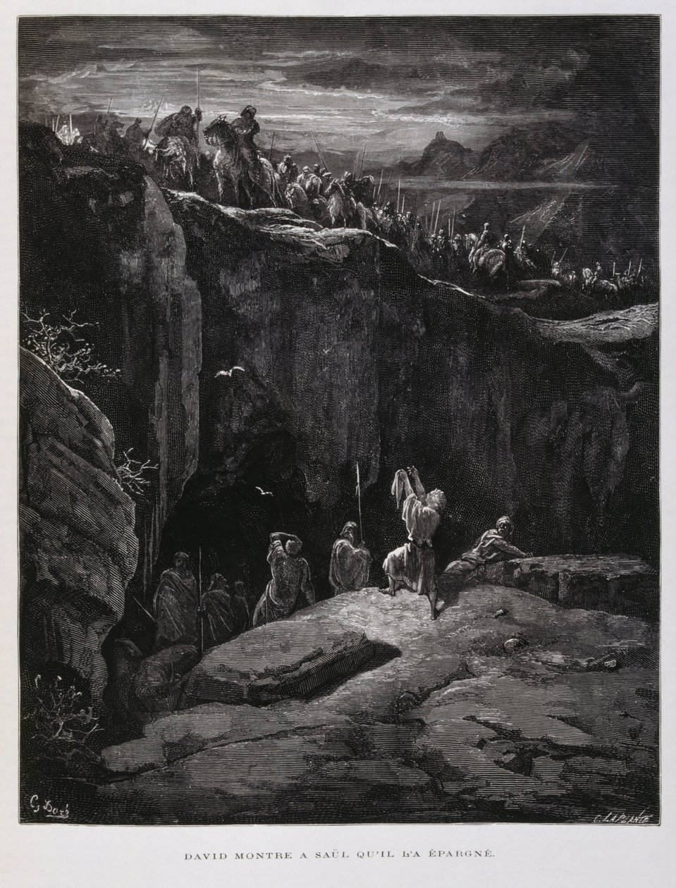 Daavid tarjoaa miekkansa uskollisuutensa osoituksena Saulille, Israelin kuninkaalle, kuvitus Dore Bible -teoksesta. tekijältä Gustave Dore