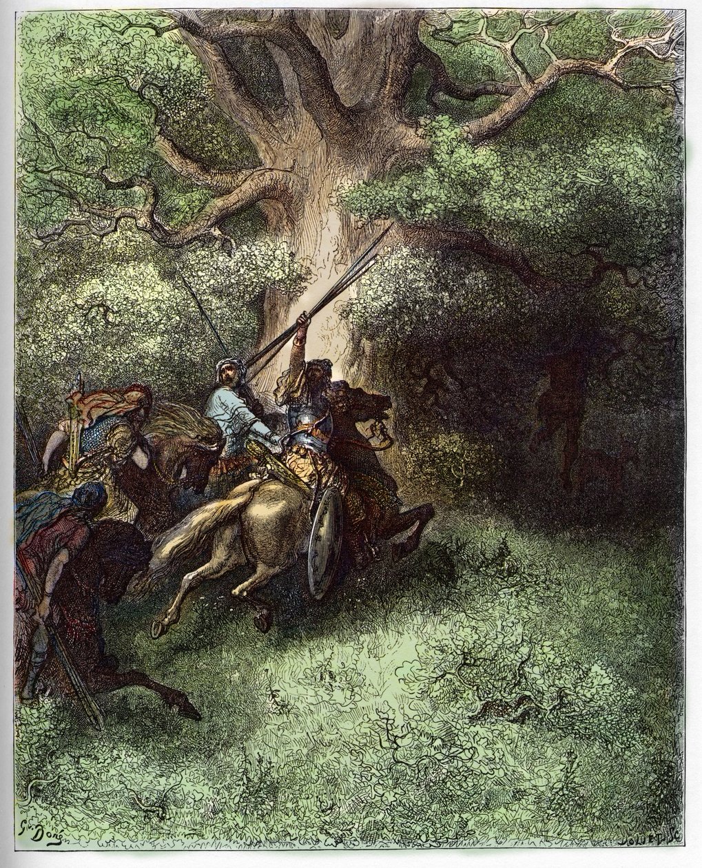 Absalomin kuolema (Avshalom) - Absalomin (tai Avshalom, Absalon) kuolema. Tappion jälkeen isänsä joukkoja vastaan Absalon pysyi taistelukentältä pakenevan puun oksien varassa – Gustave Doren (1832) "The Bible illustree" -kaiverrus. tekijältä Gustave Dore