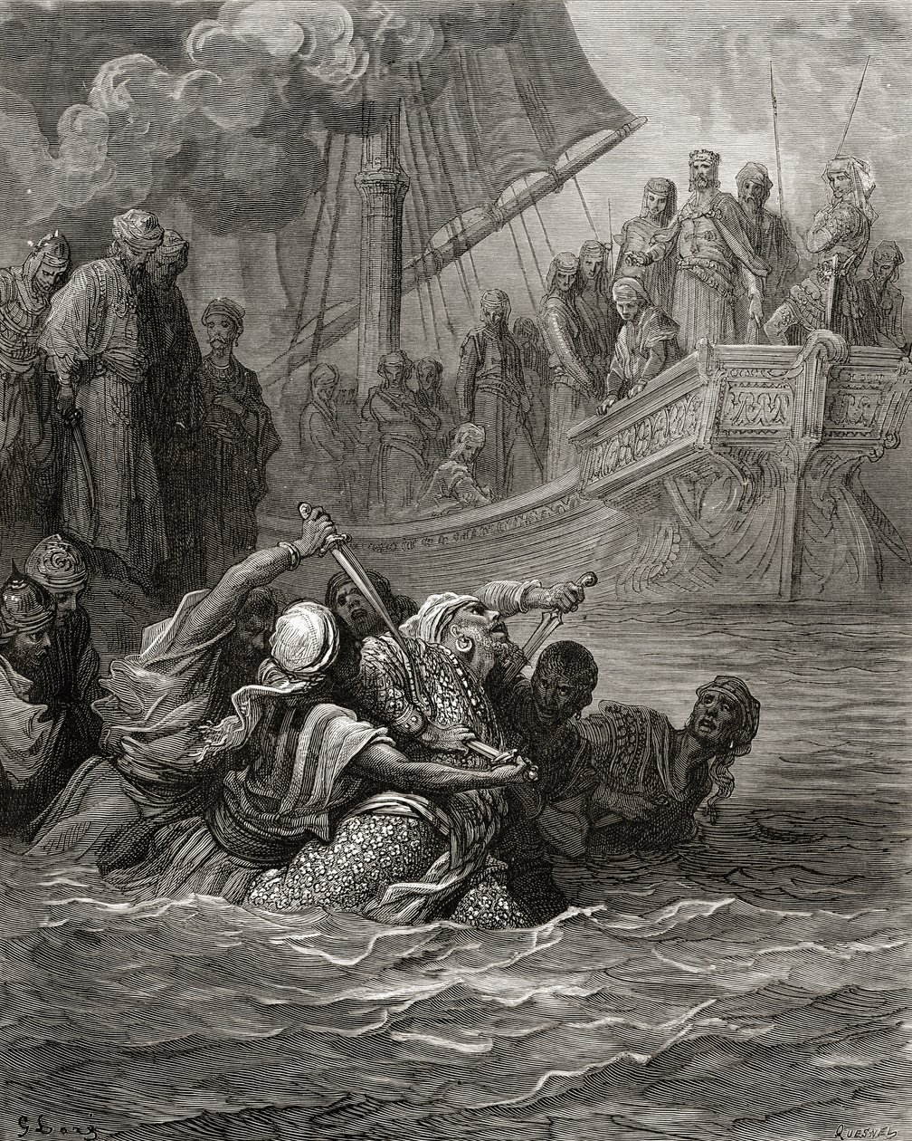 Almoadamin kuolema, kuvitus J-F:n Bibliotheque des Croisadesista. Michaud, 1877 (litho) tekijältä Gustave Dore