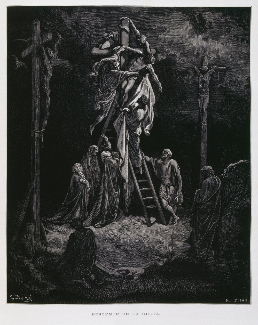 Laskeutuminen ristiltä, Kristuksen laskeutuminen, kuvitus Doren Raamatusta. tekijältä Gustave Dore