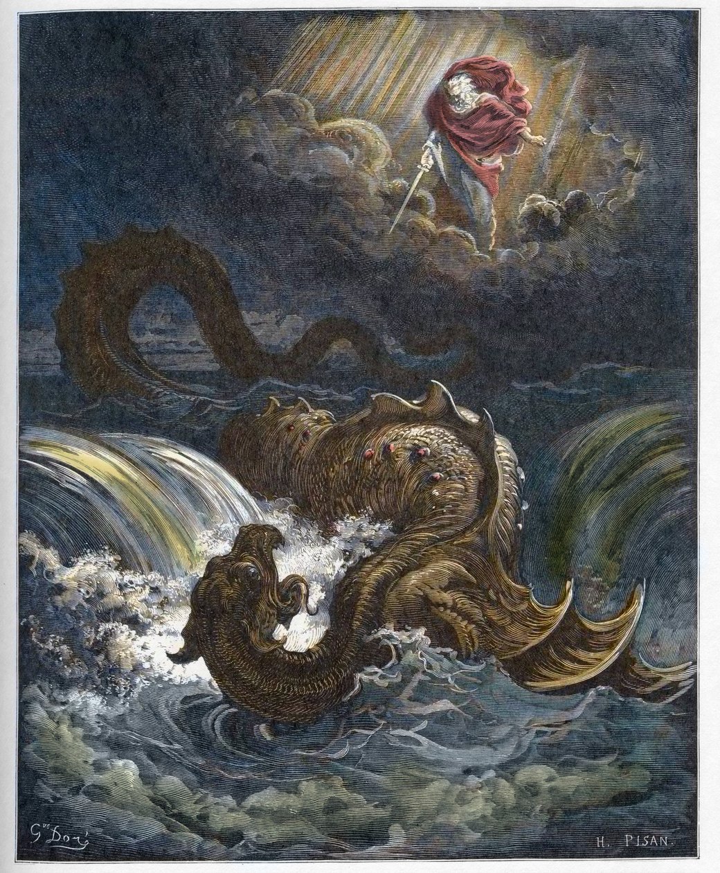 Leviatanin tuhoaminen - Vanhan testamentin merihirviön, Leviathanin, tuhoaminen - kaiverrus Gustave Doren (1832-1883) "" The Bible illustree -kirjaan" - Kaiverrus "" Dore Biblesta"" tekijältä Gustave Dore