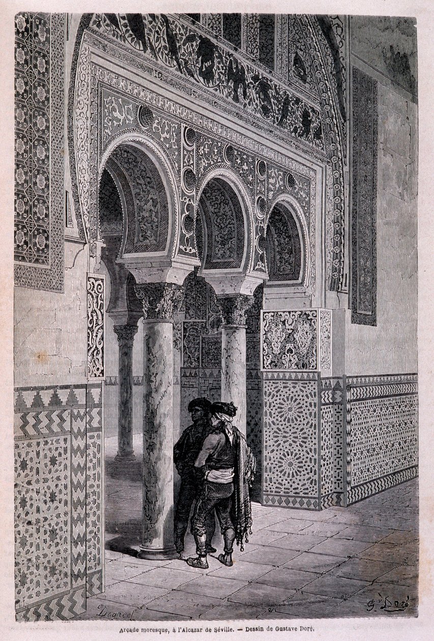 Yksityiskohta Alcazarin arkadista Sevillassa - kirjoittanut Doré, teoksessa "" Tour du Monde"", 2. sem. 1866. tekijältä Gustave Dore