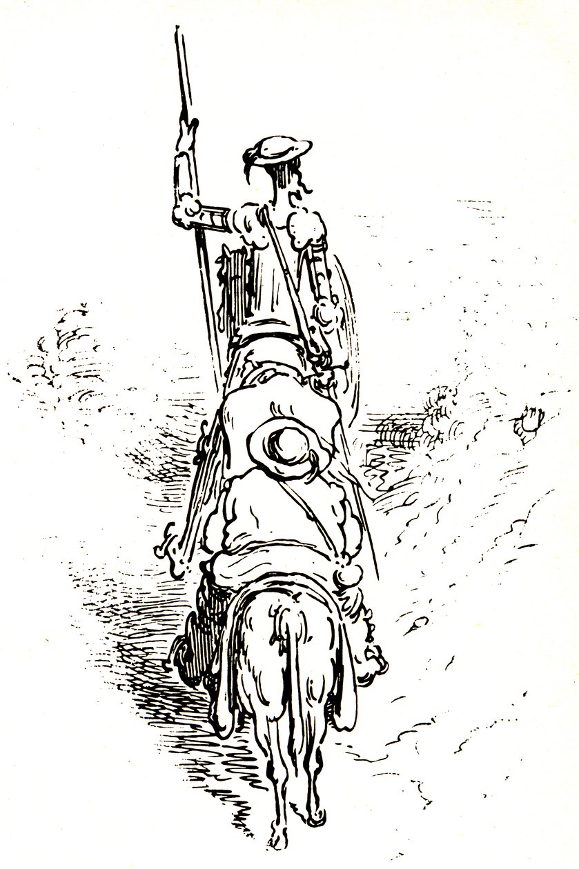 Don Quijote hevosensa selässä, perässään Sancho aasinsa selässä. tekijältä Gustave Dore