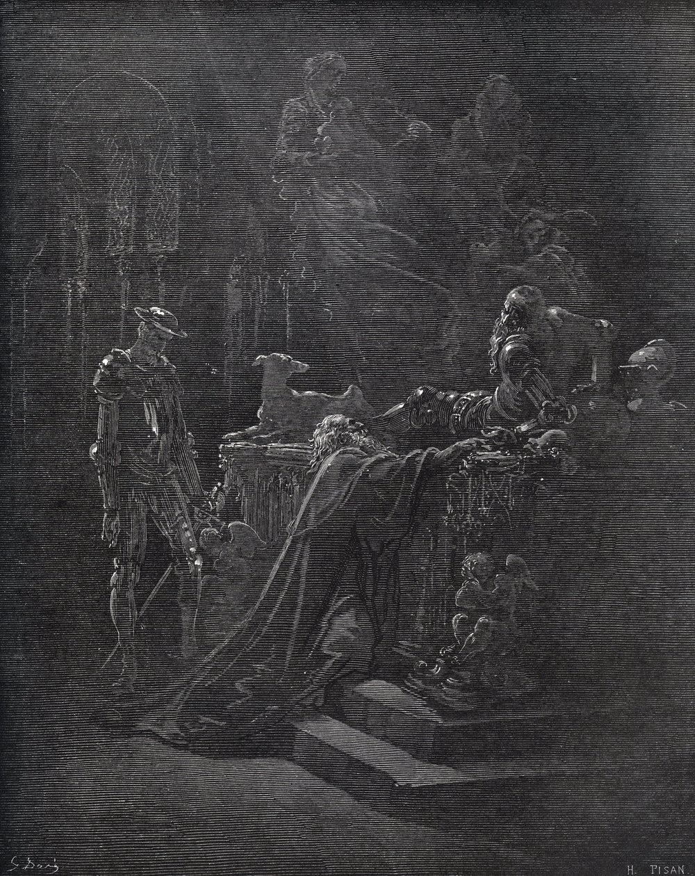 Don Quijote, Montesinos ja Durandarte, Montesinoksen luolassa - Miguel Cervantesin (1547-1616) Don Quijote de la Manchasta (Don Quijote) - Gustave Doren piirtämän puupiirros tekijältä Gustave Dore