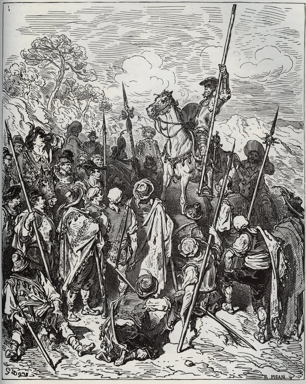 Don Quijote ja Sancho kyläläisten laivueen kanssa - Miguel Cervantesin (1547-1616) "Don Quijote de la Mancha" (Don Quijote) - Gustave Doren piirtämän puupiirros tekijältä Gustave Dore