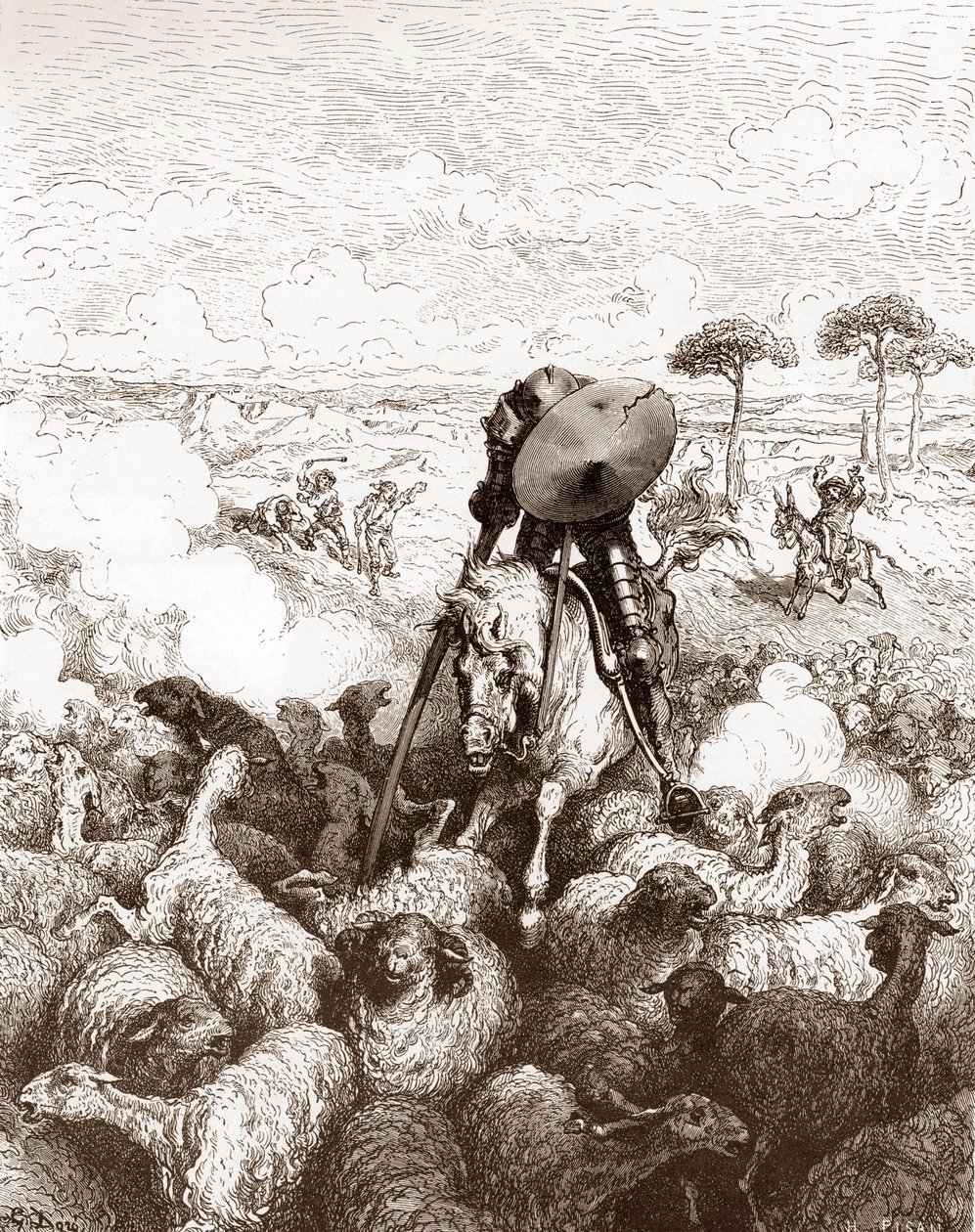 Don Quixot hyökkää lammaslaumaa vastaan ​​Gustave Doren (1832-1883) kaiverrus Miguel de Cervantesin (1547-1616) "The Ingenieux Hidalgo Don Quijote de la Mancha (Quixotte - Quijote)" 1863 Yksityinen kokoelma tekijältä Gustave Dore