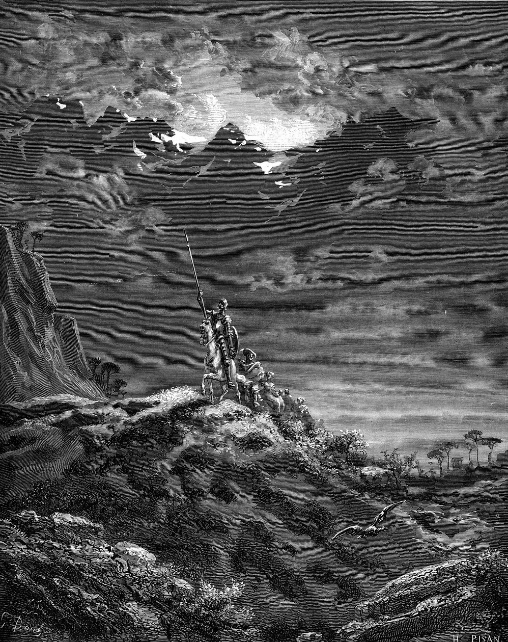 Don Quijote (Quijote tai Qijote) lähtee seikkailuun. Gustave Doren kaiverrus, joka kuvittaa Miguel de Cervantes Saavedran kirjan "L