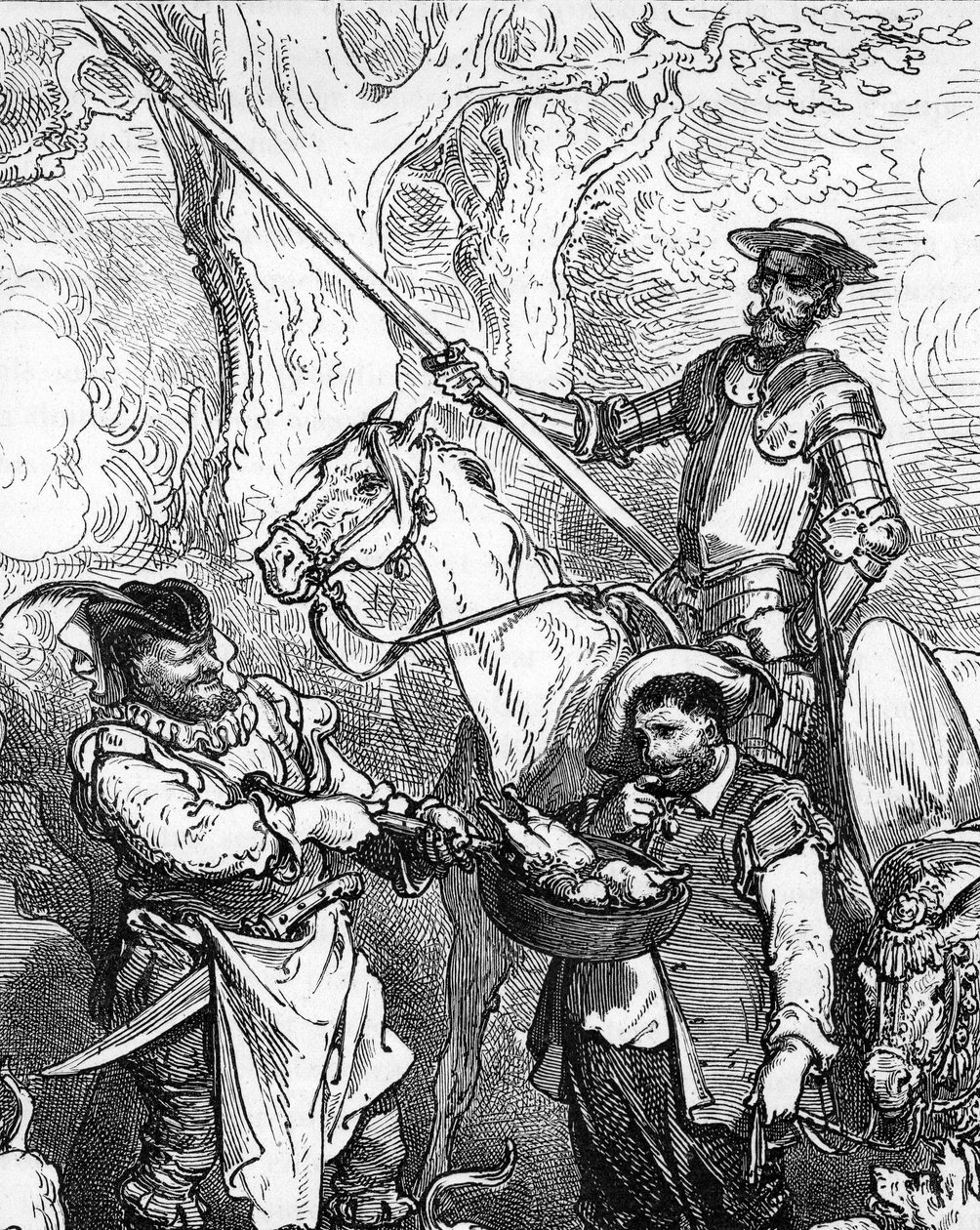 Don Quijote (Quijote tai Qijote), heittää käsin ja ratsastaa hevosellaan Rossinant on valmis lähtemään seikkailuun. Hänen fidele squiyerinsa, herkkusuu Sancho Panza (Panca), epäröi hyvän liharuoan edessä. Yksityiskohta Gustave Doren kaiverruksesta, joka ku tekijältä Gustave Dore