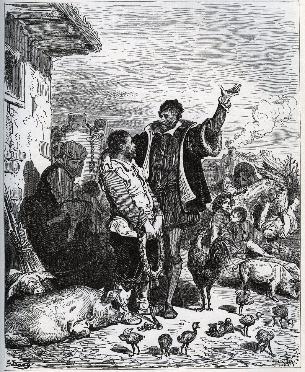 Don Quijote uskoo naapurinsa Sancho Panzan ostajakseen - Miguel Cervantesin "Don Quijote de la Manchasta" tekijältä Gustave Dore